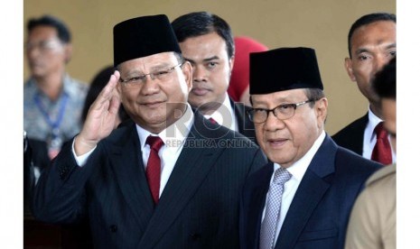   Ketua Umum Gerindra Prabowo Subianto menghadiri acara pelantikan Presiden di Gedung Nusantara, Komplek Parlemen Senayan, Jakarta, Senin (20/10).  (Republika/Wihdan)