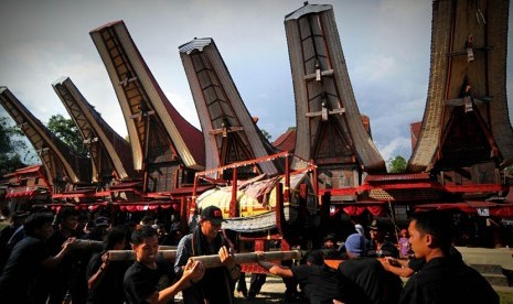  Sejumlah kerabat mengarak patung dan jenasah saat prosesi ma'palao di Sa'dan, Rantepao, Toraja Utara, Senin (22/12). (Antara/Zabur Karuru)