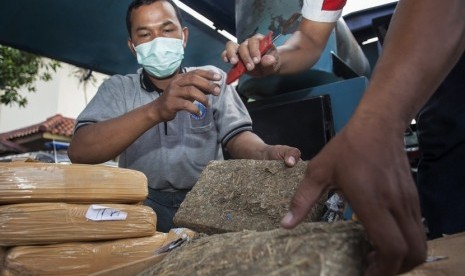  Petugas Badan Narkotika Nasional (BNN) bersiap memusnahkan barang bukti ganja dan sabu-sabu yang berhasil disita di Kantor BNN, Jakarta Timur, Jumat (16/1).   (Antara/Sigid Kurniawan)