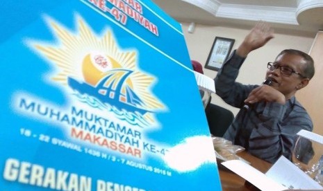  Ketua Panitia Pengarah Muktamar ke 47 Muhammadiyah, Haedar Nasir, menjelaskan rencana  penyelenggaraan muktamar di Kantor Redaksi Republika, Jakarta, Selasa (12/5). 