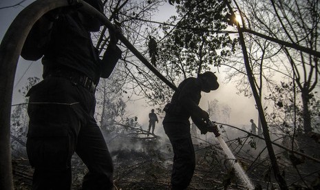 Dua orang anggota kepolisian memadamkan api  di lahan gambut, Desa Rimbo Panjang, Kabupaten Kampar, Riau, Ahad (20/9).   (Antara/Regina Safri)