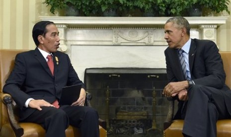  Presiden Barack Obama menerima kunjungan Presiden Joko Widodo di Gedung Putih, Washington,  Senin (26/10). 