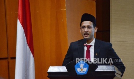 Menteri Pendidikan dan Kebudayaan Nadiem Anwar Makarim saat acara lepas jabatan Kemendikbud di Garaha Utama Kantor Kementerian Pendidikan dan Kebudayaan, Jalan Sudirman, Jakarta, Rabu (23/10/2019).