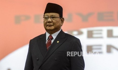 Menteri Pertahanan Prabowo Subianto saat menghadiri serah terima jabatan di Kantor Kementerian Pertahanan, Jakarta, Kamis (24/10).