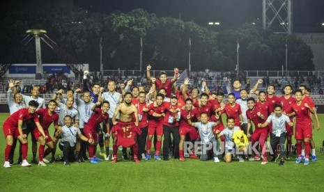 Skuat timnas Indonesia U-22. Suporter timnas U-22 datang dari sejumlah wilayah Indonesia untuk memberikan dukungan.