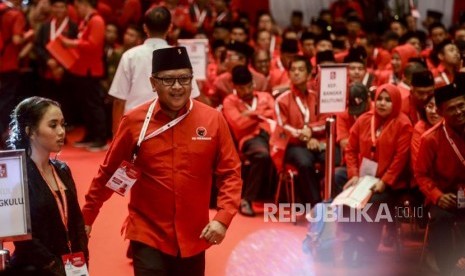 Sekjen PDIP Hasto Kristyanto saat menghadiri pembukaan Rapat Kerja Nasional (Rakernas) I PDIP di Jakarta, Jumat (10/1).