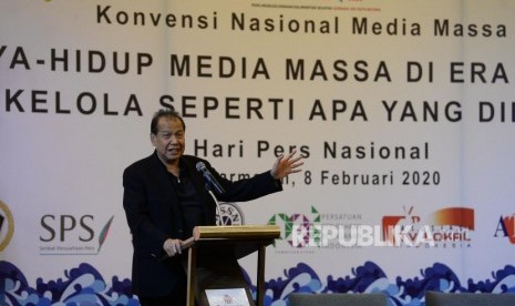 Chairman CT Crop Chairul Tanjung memberikan paparan dalam konvensi nasional media massa dalam rangkaian Hari Pers Nasional (HPN) 2020 di Banjarmasin, Kalimantan Selatan, Sabtu (8/2).