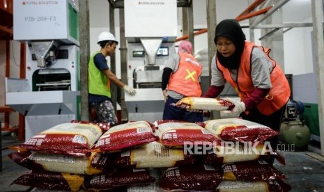 Sejumlah pekerja mengangkat beras vakum di Gudang Bulog, Kelapa Gading, Jakarta Utara, Kamis (27/2).(Republika/Thoudy Badai)