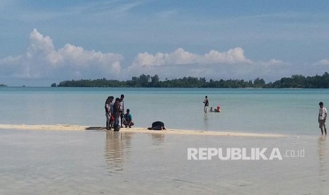 Wisatawan bermain di pasir putih yang menyembul di permukaan dangkal perairan Pulau Daga, Kepulauan Widi, Kabupaten Halmahera Selatan, Provinsi Maluku Utara, Sabtu (28/10).