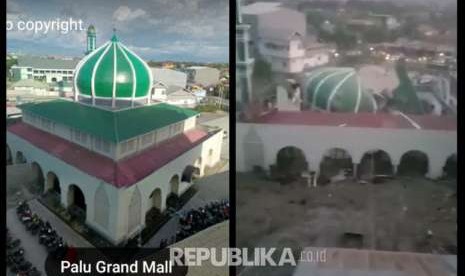    Foto kolase suasana Masjid Baiturahman,Palu, sebelum dan setelah gempa yang diikuti gelombang tsunami. Foto kiri diambil dari aplikasi streetview google, foto kanan diambil dari capture video netizen.