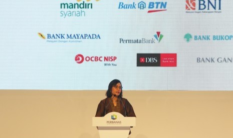 Menteri Keuangan Sri Mulyani Indrawati memberikan paparan pada acara Indonesian Banking Expo (IBEX) 2018 di Jakarta, Kamis (15/11/2018).