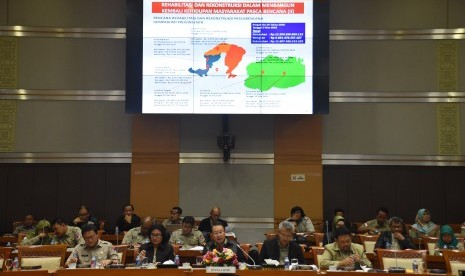 Kepala Badan Nasional Penanggulangan Bencana (BNPB) Willem Rampangilei (tengah) mengikuti rapat kerja dengan Komisi VIII DPR di Kompleks Parlemen, Senayan, Jakarta, Selasa (8/1/2019).