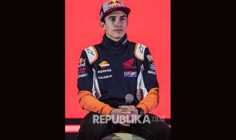 Pebalap MotoGP Marc Marquez menghadiri peluncuran komposisi tim balap Astra Honda Racing Team (AHRT) di Bandung, Jawa Barat, Sabtu (9/2/2019).