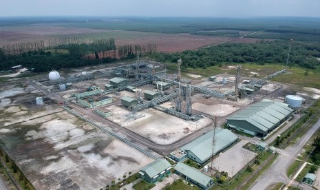 Foto udara kilang minyak blok Jambi Merang di Desa Kali Berau, Bayung Lencir, Musi Banyuasin, Sumsel, Sabtu (9/2/2019).