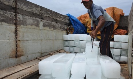 Pekerja menurunkan 'es balok' ke perahu nelayan di perairan Plawangan Puger, Jember, Jawa Timur, Jumat (8/3/2019).