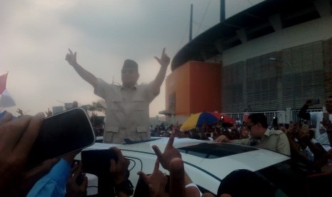 Prabowo Subianto calon presiden nomor urut 2, tiba di Stadion Pakansari Bogor, Jumat, (29/3). 