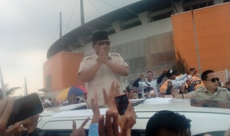 Prabowo Subianto calon presiden nomor urut 2, tiba di Stadion Pakansari Bogor, Jumat, (29/3). 