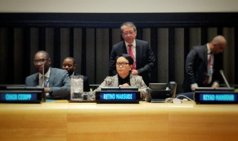 Menteri Luar Negeri Indonesia Retno LP Marsudi dalam forum PBB membahas Palestina, New York, Kamis (4/3). 