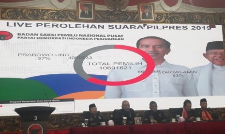 Badan Saksi Pemilu Nasional Pusat PDI Perjuangan mempublikasikan data perolehan suara Pemilihan Presiden 2019 versi PDIP di Kantor DPP PDIP, Jalan Diponegoro, Menteng, Jakarta, Jumat (19/4).