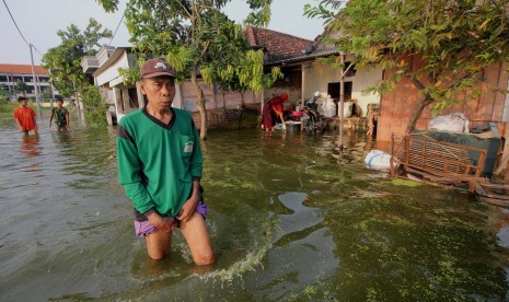 Warga menerobos banjir di kawasan Kelurahan Sumberejo, Kecamatan Pakal, Surabaya, Jawa Timur