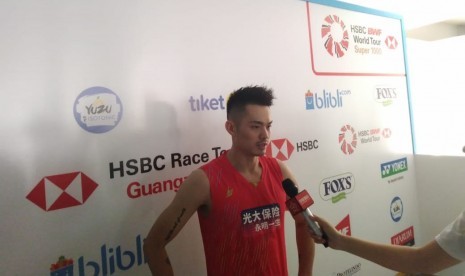 Pebulutangkis senior asal Cina, Lin Dan saat ditemui pascalaga Indonesia Open 2019 di Istora Senayan, Jakarta, Selasa (16/7).