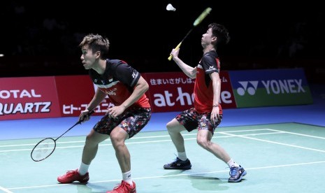 Ganda putra Indonesia Kevin Sanjaya Sukamuljo (kanan) dan Marcus Fernaldi Gideon.