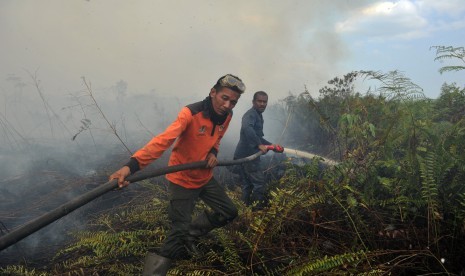 Petugas Manggala Agni Daops Kota Jambi saat mengupayakan pemadaman kebakaran lahan gambut di Kumpeh Ulu, Muarojambi, Jambi, Selasa (6/8/2019).