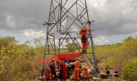 Sejumlah pekerja PT PLN (Persero) melakukan perawatan jaringan listrik di Kota Kupang, NTT, Kamis (8/8/2019).