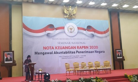 Menteri Keuangan Sri Mulyani dalam acara Seminar Nasional Nota  Keuangan RAPBN 2020 di Gedung DPR/ MPR, Jakarta, Rabu (21/8)