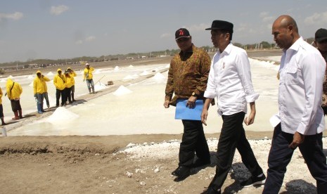 Presiden Joko Widodo (tengah) didamping Menteri Perindustrian Airlangga Hartarto (kiri) dan Gubernur NTT Viktor B Laiskodat meninjau lokasi tambak garam yang dikelola PT Timor Livestock Lestari di desa Nunkurus Kabupaten Kupang, NTT (20/8/2019).