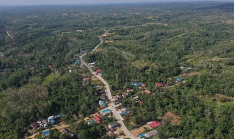 Foto aerial kawasan Kecamatan Sepaku, Penajam Paser Utara, Kalimantan Timur, Rabu (28/8/2019). 