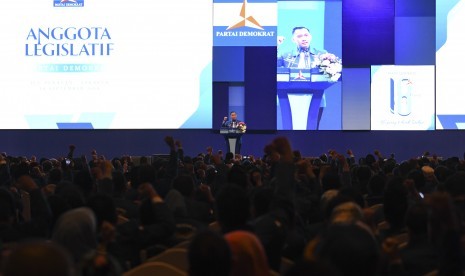 Ketua Pelaksana pembekalan Anggota Legislatif Partai Demokrat Edhie Baskoro Yudhoyono menyampaikan pidato dihadapan peserta pembekalan Anggota Legislatif Partai Demokrat di Jakarta Convention Center (JCC) Senayan, Jakarta, Selasa (10/9/2019).