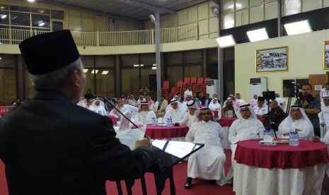 Sambutan Direktur Jenderal Penyelenggara Haji dan Umrah Nizar Ali memberikan sambutan pada acara Malam Apresiasi Haji 2019, di Jeddah, Selasa (10/9) malam. Sebanyak 39 mitra penyelenggaraan haji diberikan penghargaan dari PPIH Arab Saudi atas terselenggaranya kerja sama yang baik pada musim haji 2019.