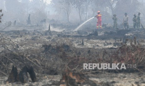 Petugas menangani kebakaran hutan dan lahan di Desa Merbau, Kecamatan Bunut, Pelalawan, Riau, Selasa (17/9/2019).