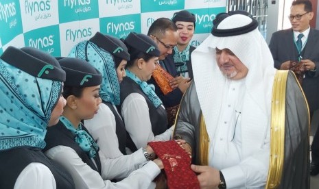 Flynas Maskapai nasional Arab Saudi resmi melayani rute Jakarta-Madina dan Jeddah-Jakarta. Peresmian dilakukan di Bandara Internasional Soekarno Hatta, Ahad (22/9). (Republika/Ali Yusuf )