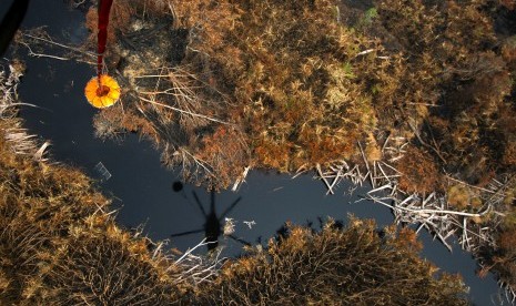 Helikopter milik Badan Nasional Penanggulangan Bencana (BNPB) melakukan 'water bombing' pada kebakaran hutan di kawasan Kereng Bangkirai, Taman Nasional Sebangau, Palangkaraya, Kalimantan Tengah, Selasa (1/10/2019).