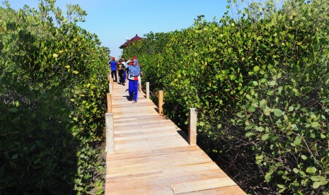 Warga mengunjungi lokasi wisata edukasi hutan mangrove yang masih dalam tahap penyelesaian di Pantai Lembung, Pamekasan, Jawa Timur, Ahad (6/10/2019).Objek wisata di Pamekasan akan dibuka jika pengelola sudah siap terapkan protokol kesehatan Covid-19. Ilustrasi.