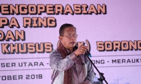 Menteri Koordinator Bidang Perekonomian Darmin Nasution saat  meresmikan Kawasan Ekonomi Khusus (KEK) Sorong di Kabupaten Sorong,  Provinsi Papua Barat, Jumat (11/10). 