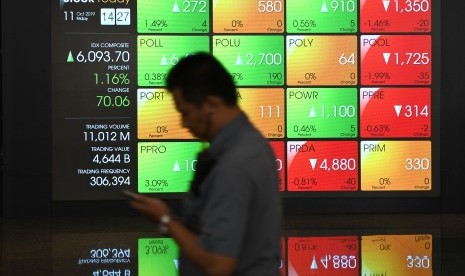 Karyawan melintas di dekat monitor pergerakan harga saham di Bursa Efek Indonesia (BEI), Jakarta, Jumat (11/10/2019).