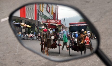 Kusir bendi menunggu penumpang di Pasar Raya Padang, Sumatera Barat, Selasa (15/10/2019).Wali Kota Padang Mahyeldi membantah isu yang beredar di masyarakat terkait adanya informasi yang menyatakan Pasar Raya Padang ditutup. 