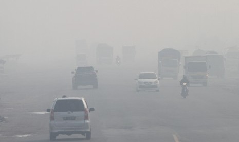 Sejumlah kendaraan bermotor melintas di jalan Gubernur Syarkawi yang di selimuti kabut asap di Kecamatan Gambut, Kabupaten Banjar, Kalimantan Selatan, Kamis (24/10/2019).