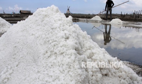 Petani memanen garam di Kelurahan Pallengu, Bangkala, Jeneponto, Sulawesi Selatan, Ahad (17/11/2019). 