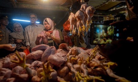 Dirjen Perdagangan Dalam Negeri Kementerian Perdagangan Oke Nurwan (ketiga kiri) berbincang dengan pedagang ayam potong (ilustrasi). Kemendag mencatat, harga jagung untuk pakan ternak sudah naik sejak awal tahun ini.