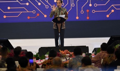 Presiden Joko Widodo menyampaikan pidatonya dalam Pertemuan Tahunan Bank Indonesia (PTBI) 2019 di Jakarta, Kamis (28/11/2019) malam. 