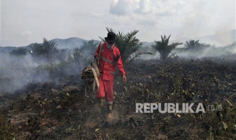 Personel Manggala Aqni membawa selang air untuk melakukan pemadaman Karhutla Gambut di Kecamatan Lalolae, Kabupaten Kolaka Timur, Sulawesi Tenggara, Ahad (1/12/2019). 