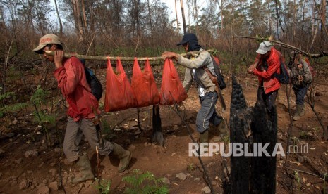 Relawan dan warga setempat membawa bibit pohon saat akan ditanam.foto ilustrasi