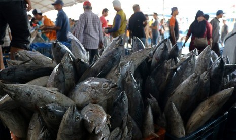 Pekerja mengumpulkan ikan di tempat pelelangan ikan Karangsong, Indramayu, Jawa Barat.