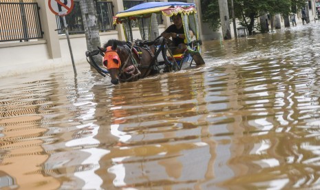 Delman melintasi banjir di kawasan Cipinang Melayu, Jakarta, Rabu (1/1/2020)