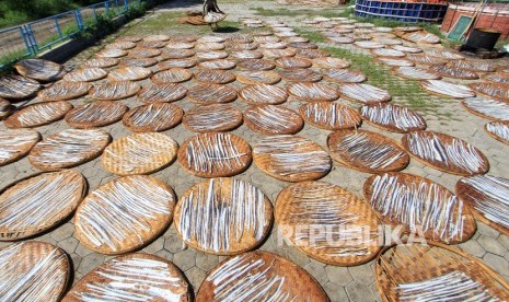 Pekerja menjemur kerupuk kulit ikan remang di Kenanga, Indramayu, Jawa Barat, Selasa (28/1/2020).