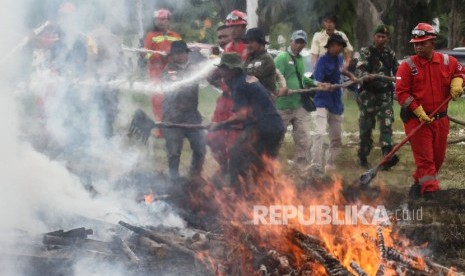 Petugas dibantu relawan mencoba memadamkan api kebakaran hutan dan lahan (ilustrasi)